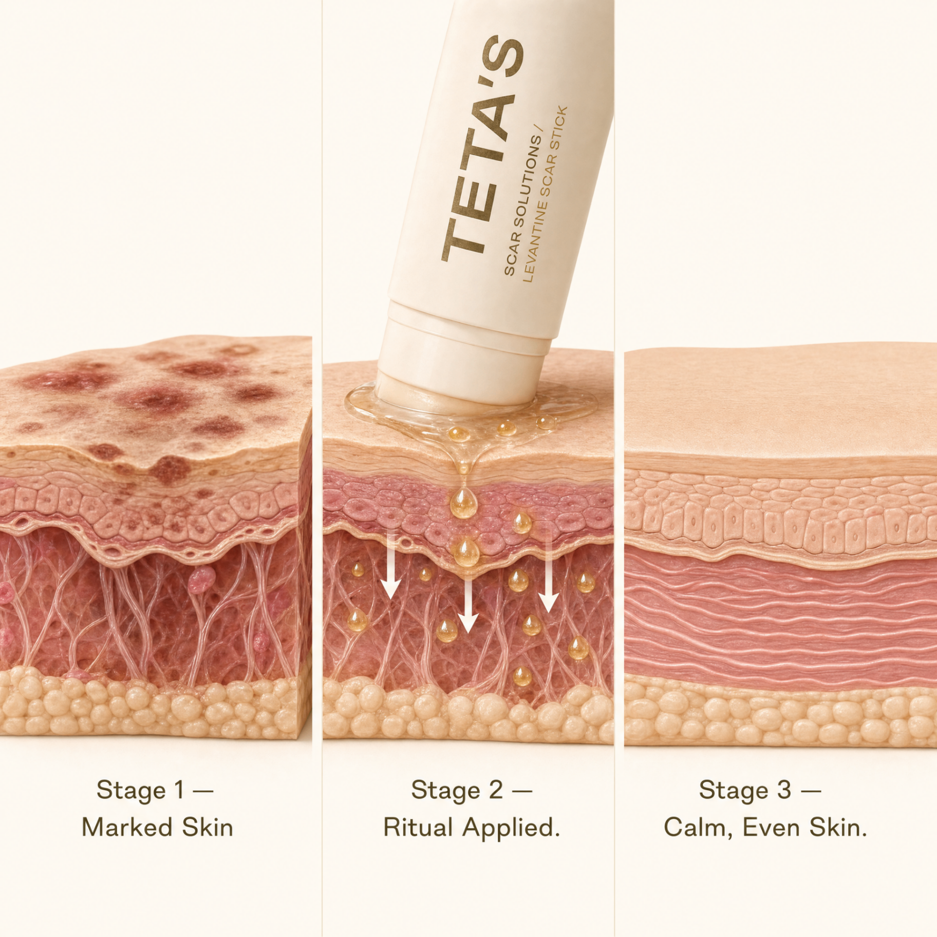 Skin stages: marked skin, ritual applied, calm even skin